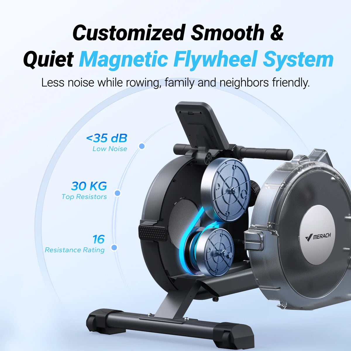 Rameur magnétique MERACH, capacité de charge de 350 lb, 16 niveaux de résistance silencieuse, rameur Bluetooth pour l’entraînement à domicile