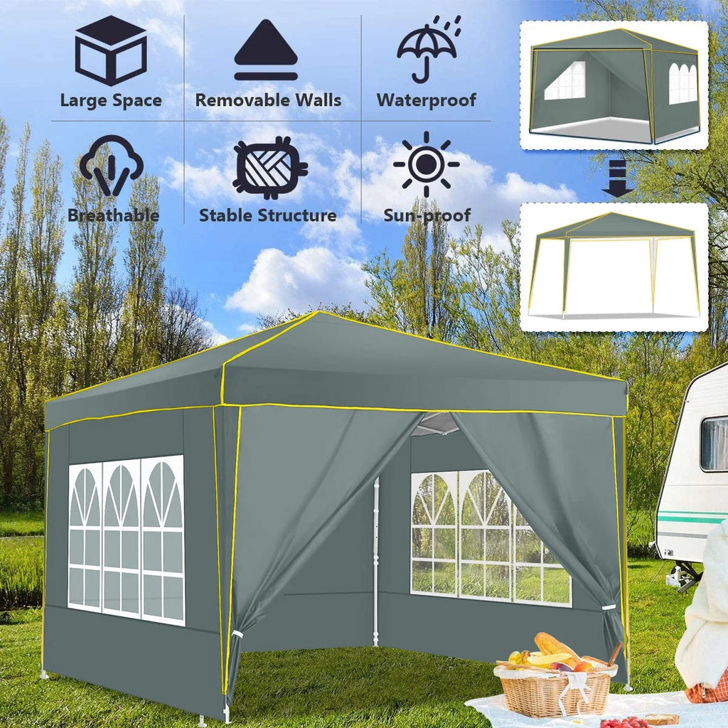 HOTEEL Chapiteau pop-up 10x10 avec murs latéraux, Tente imperméable pour fêtes et événements de mariage, Gazébo d'extérieur instantané avec sac de transport, piquets, cordes et sacs de sable, Noir