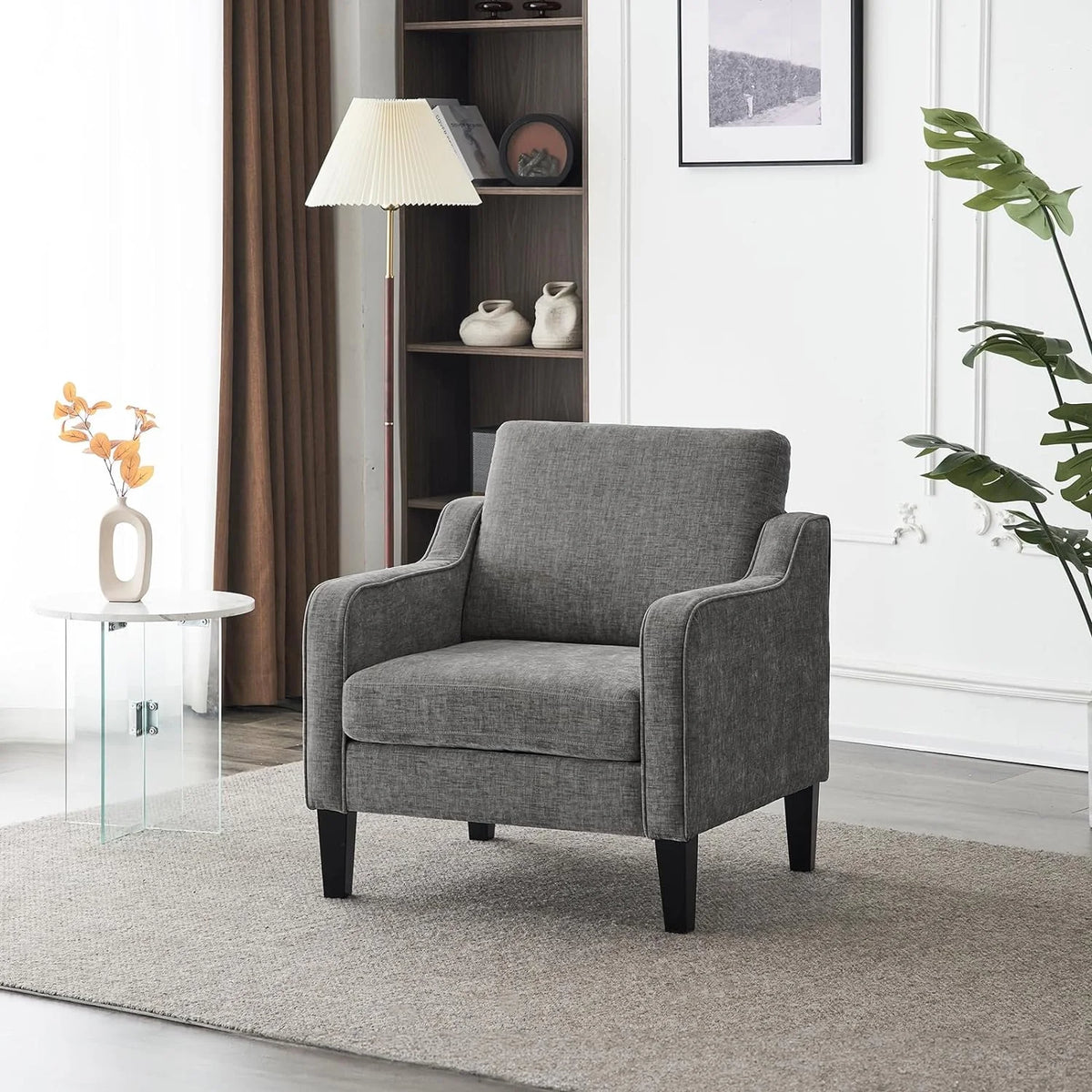 Fauteuil confortable en chenille VINGLI Mid-Century Modern, Blanc crème