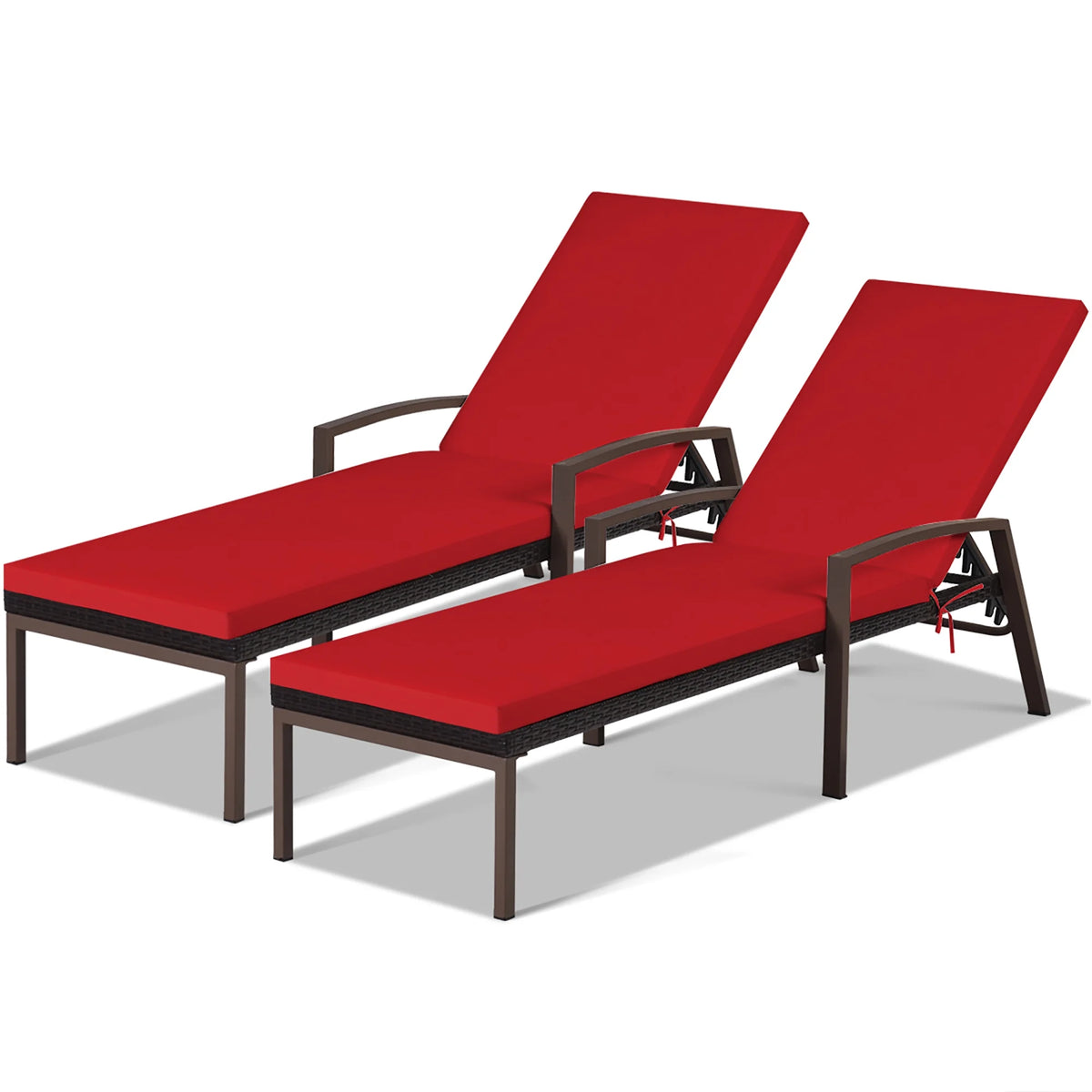 Costway Lot de 2 chaises longues de jardin en rotin, inclinables avec dossier réglable et coussinés, rouges