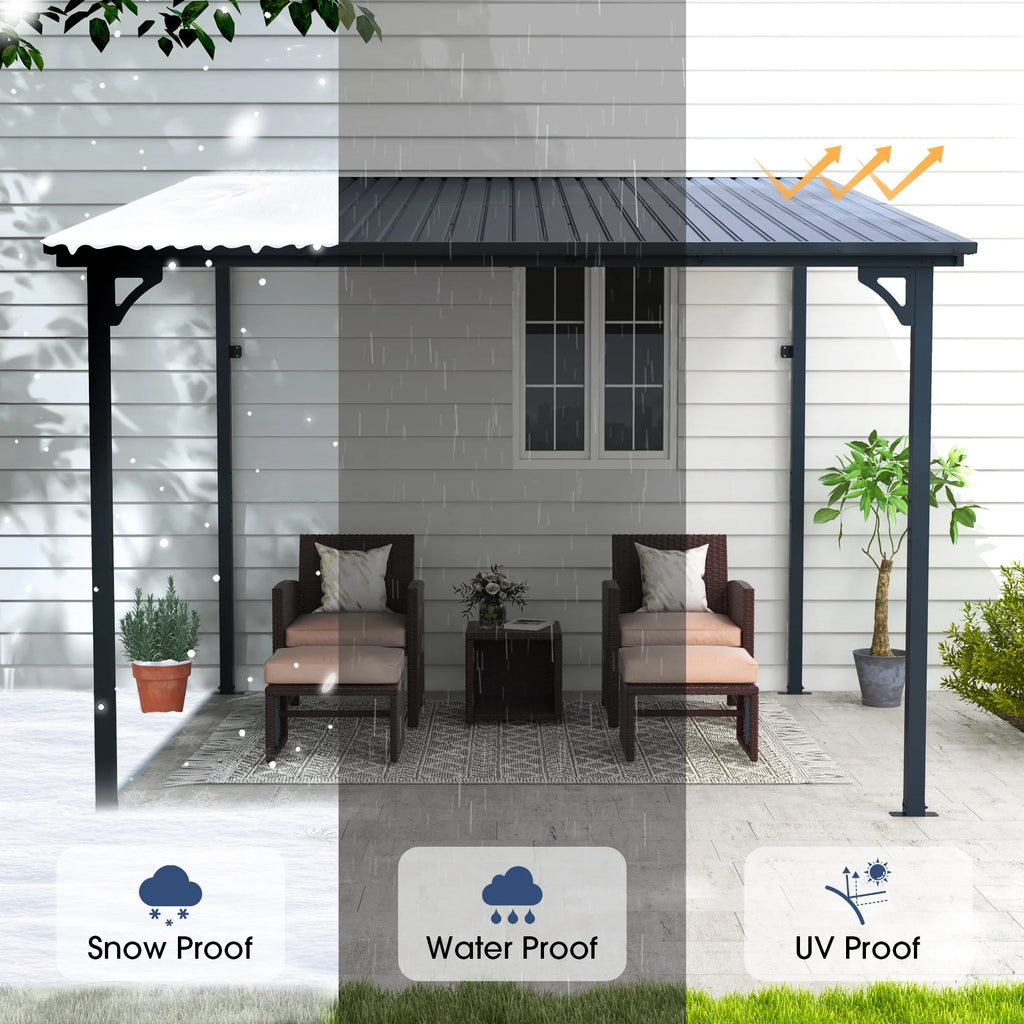 Tonnelle Pergola d'Extérieur 8' x 10', Tonnelles à Auvent Adossé, Pergola en Métal Robuste à Toit Rigide, pour Patio, Jardin, Terrasses, Bord de Piscine