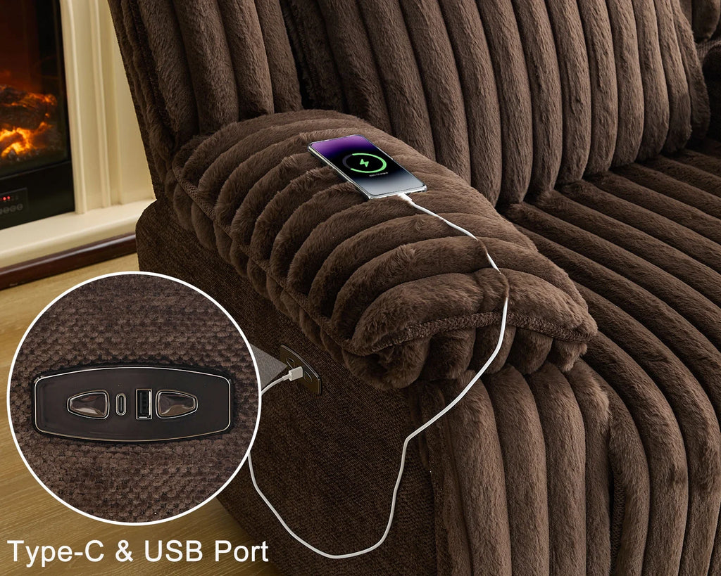 Canapé d’angle inclinable électrique avec chargeur sans fil, 6 places en fausse fourrure avec fauteuils inclinables, porte-gobelets dissimulés, console de rangement, ports USB et Type-C, noir