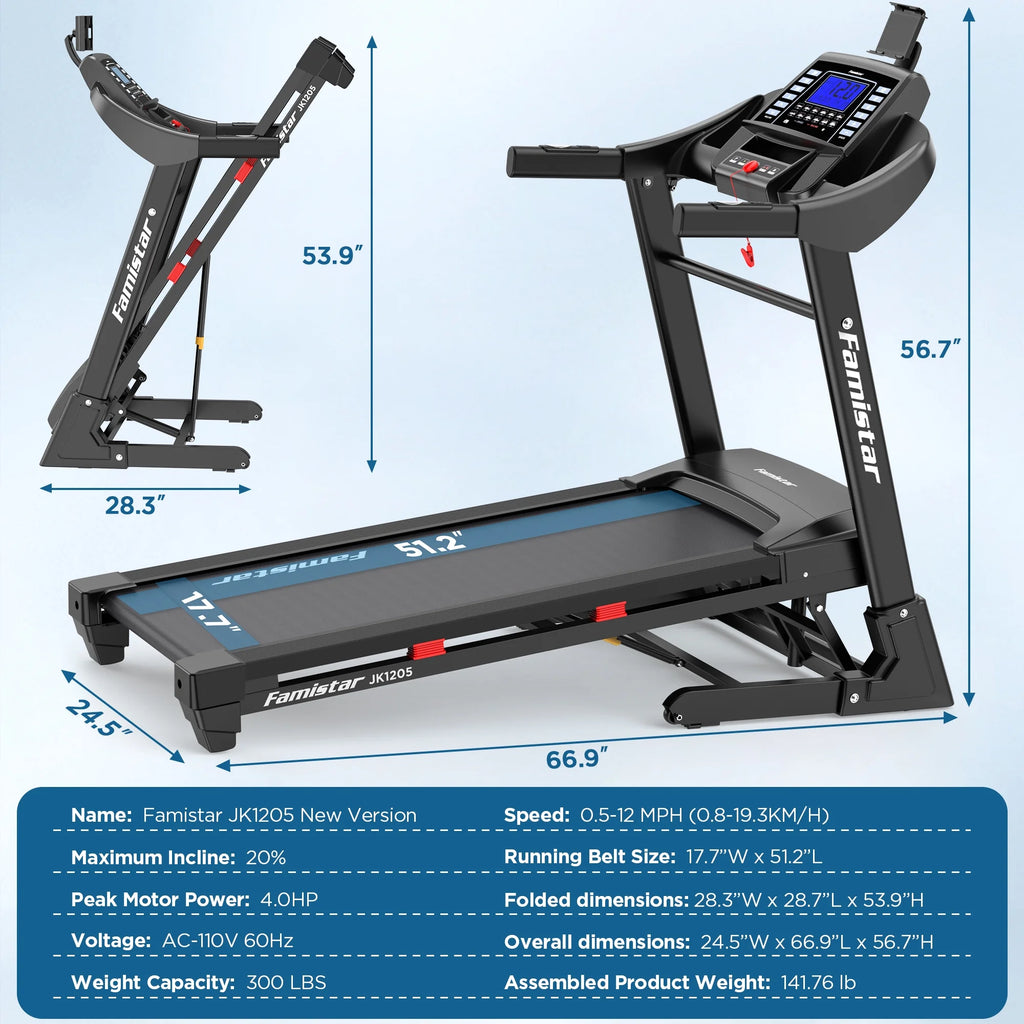 JK1205 Tapis de course en liquidation 300 lbs avec inclinaison automatique à 20 niveaux, commandes de vitesse jusqu'à 12 MPH, machine de course et de marche portable, 4,0 CV, sangle pour genou offerte