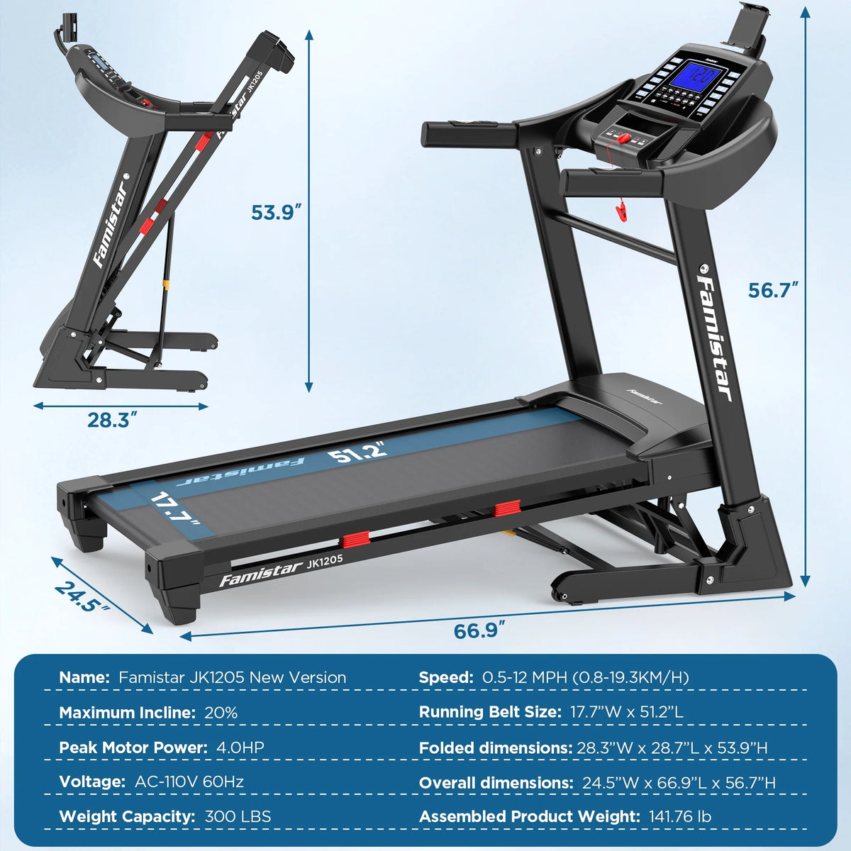 JK1205 Tapis de course en liquidation 300 lbs avec inclinaison automatique à 20 niveaux, commandes de vitesse jusqu'à 12 MPH, machine de course et de marche portable, 4,0 CV, sangle pour genou offerte