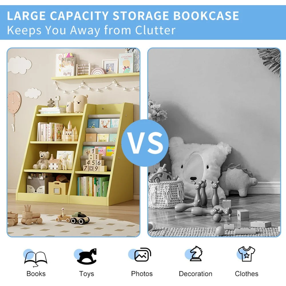 IVV Bibliothèque Montessori pour enfants, Bibliothèque moderne en bois à 4 niveaux, Étagère à livres et jouets pour enfants, Support d’étagère en tissu, Pour salle de classe, chambre, chambre de bébé ou salle de jeux (Rose)
