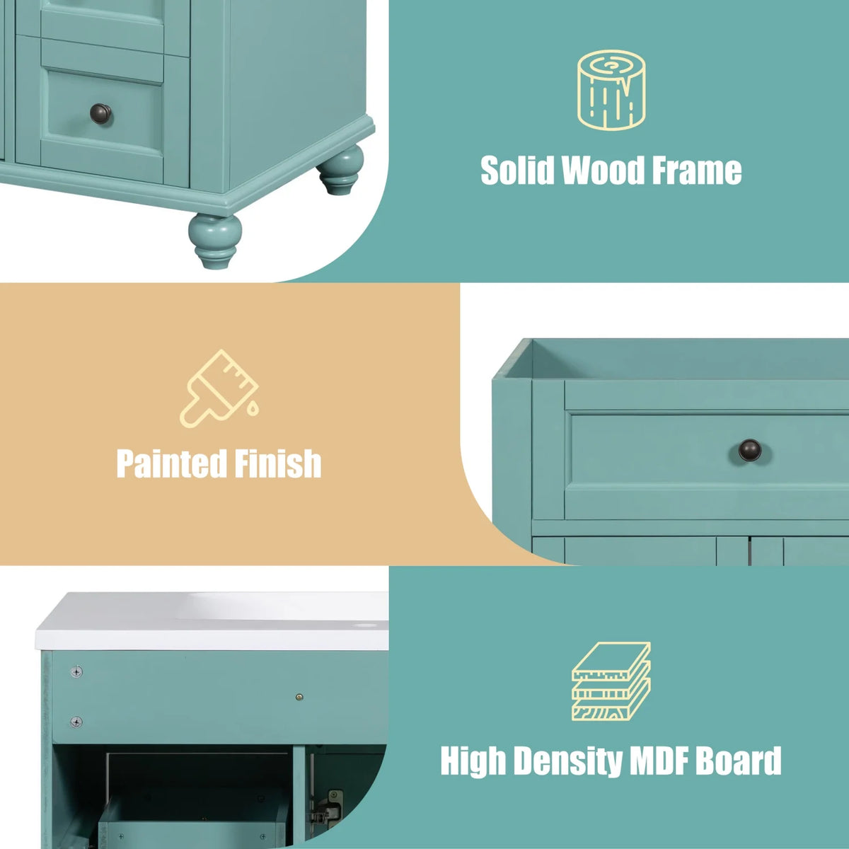 Meuble-lavabo de salle de bains Harper & Bright Designs 30 avec lavabo, armoire de salle de bains avec plateau en céramique, portes et tiroir de rangement multifonctionnels, vert