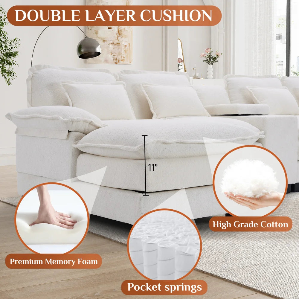 Canapé modulable en U Wiilayok Cloud Couch, méridienne double extra profonde de 124 cm en chenille duveteuse, console centrale avec ports USB-C et A doubles, gris tempête
