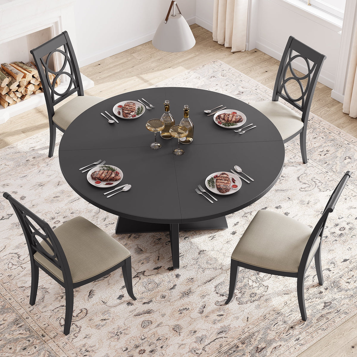 Ensemble de grande table à manger ronde de 47 po pour 4 à 6 personnes, table à manger en bois de style milieu du siècle avec plateau large et piètement en X, table de salle à manger pour la maison, la salle à manger ou le salon (chaises non incluses)