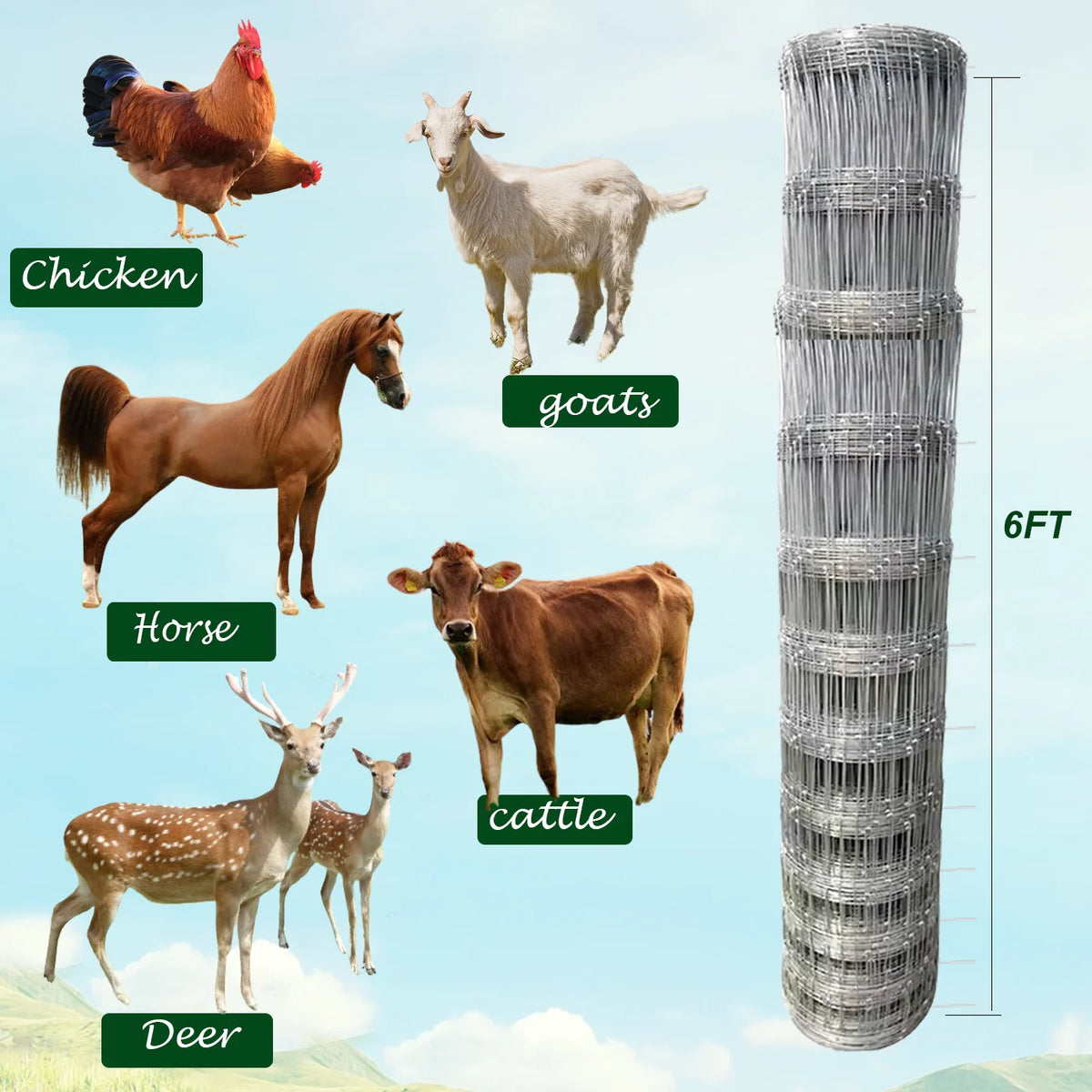 Clôture agricole, grillage galvanisé de 1,22 m x 50 m, clôture pour bétail et cerfs, revêtement épais en zinc, clôture pour porcs et chèvres, cour, jardin et champ