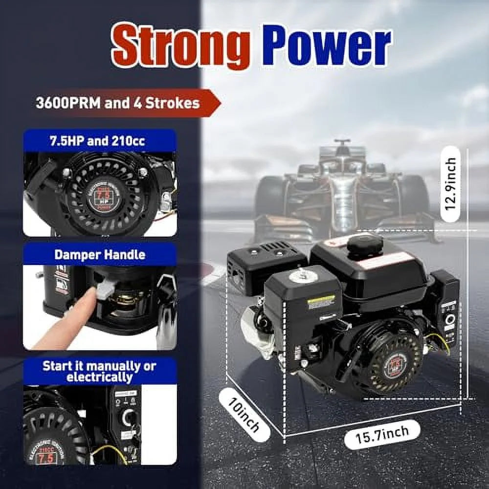 Moteur à essence de 7,5 CV, moteur 4 temps de 212 cm³ à démarrage électrique, moteur de karting de 3 000 W, 3 600 tr/min, conception OHV pour mini-motos, karts, mini-bikes et bûcheuses