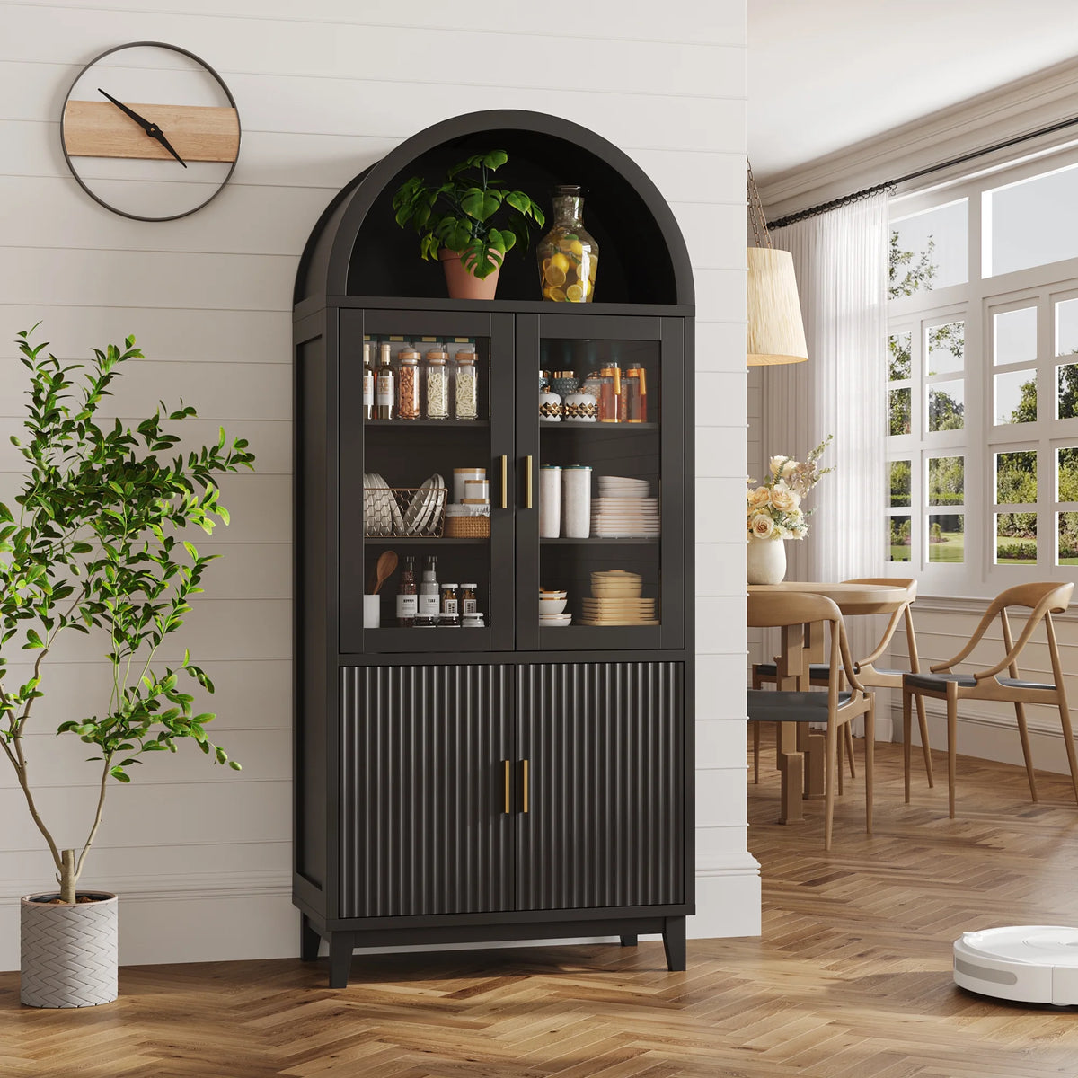 VEANERWOOD 71 Armoire haute cintrée, meuble de rangement de cuisine en bois cannelé avec 4 portes et 6 étagères pour salle à manger et salon