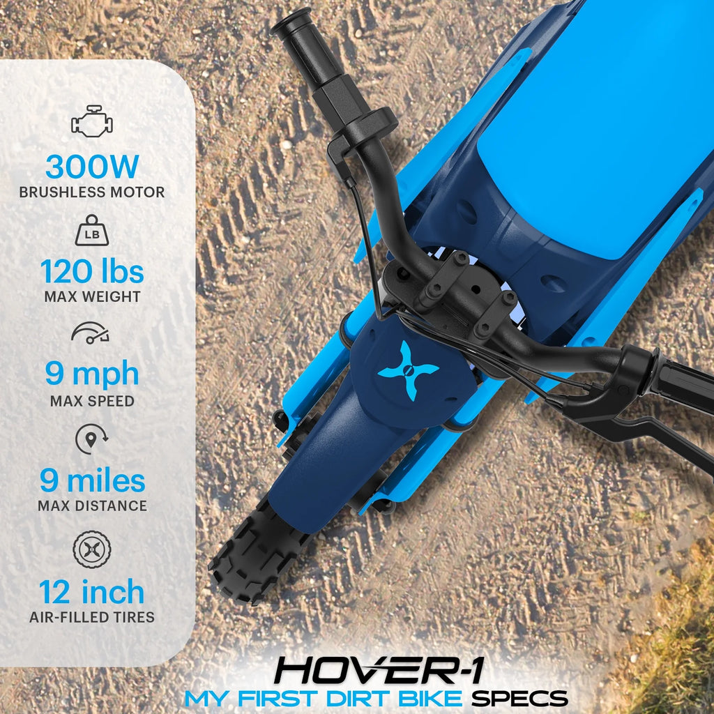 Hover-1 My First Dirt Bike for Kids - 300W Motor, 9MPH Max Speed, 9 Mile Range, 12 Off-Road Tires, 120LB Max Weight, Twist Grip Throttle & Rear Disc Brake Electric Dirt Bike for Kids Ages 5+ Years