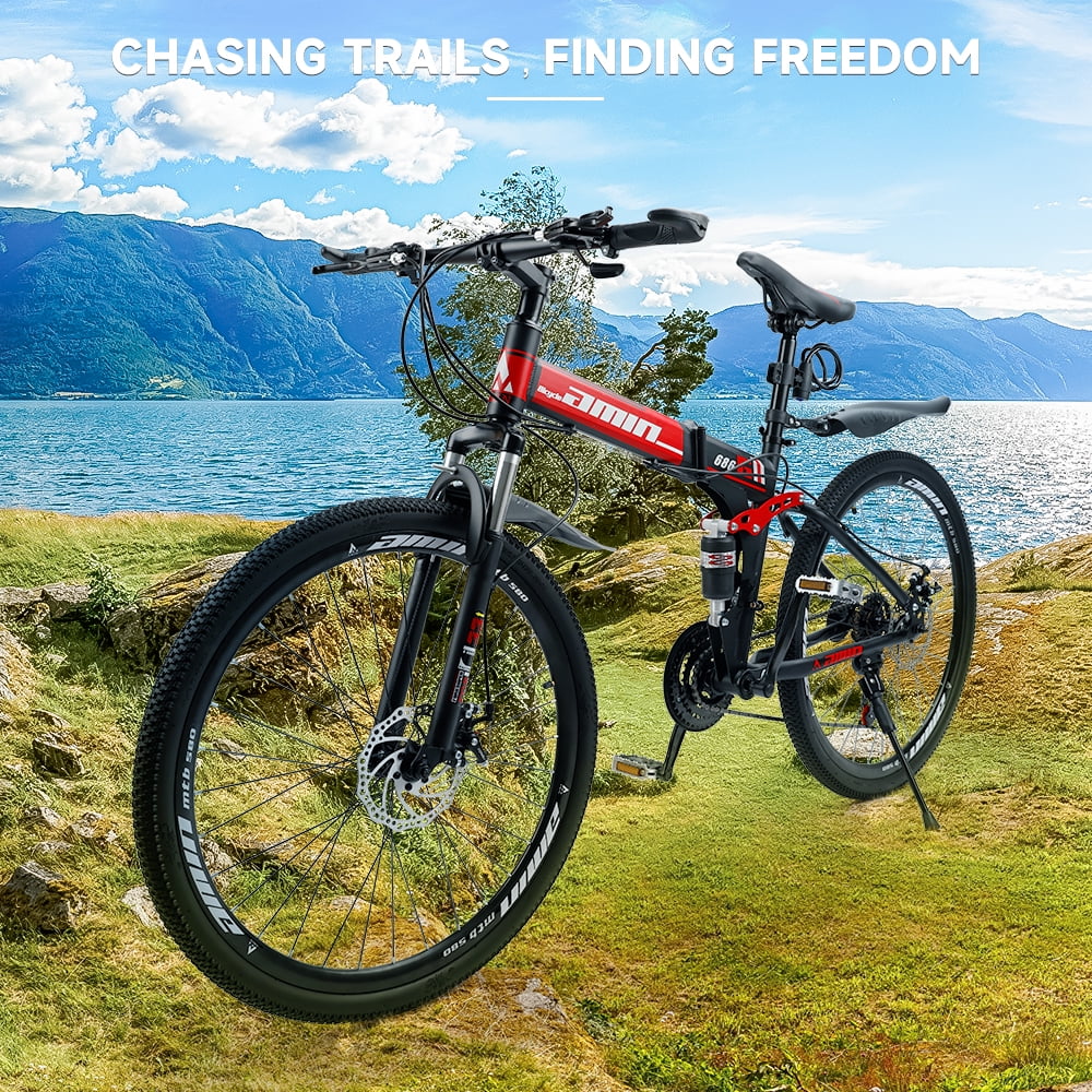 VTT pliant Artudatech 26 pouces Shimano 21 vitesses double frein à disque - Adulte - Rouge
