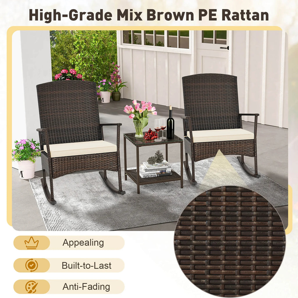 Costway Serenity Ensemble de patio 3 pièces avec fauteuils à bascule en résine tressée, coussins blancs et table basse à 2 niveaux