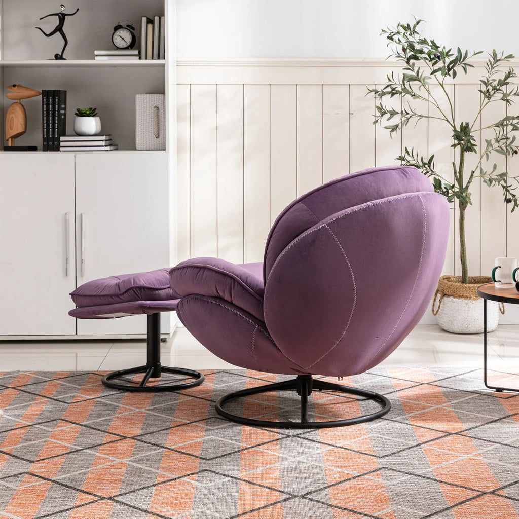 Fauteuil d'appoint pivotant en velours avec pouf, fauteuil méridienne moderne avec structure en métal et repose-pieds, fauteuil confortable pour la lecture, salon, chambre, bureau, bleu
