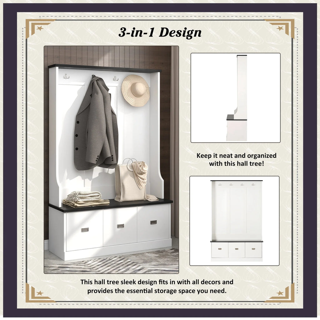 Vestiaire d’entrée avec banc rembourré et patères, banc d’entrée avec 3 crochets, 3 étagères ouvertes, 2 tiroirs et placards de rangement, banc de vestibule avec rangements et crochets pour entrée, vestibule ou couloir (beige)
