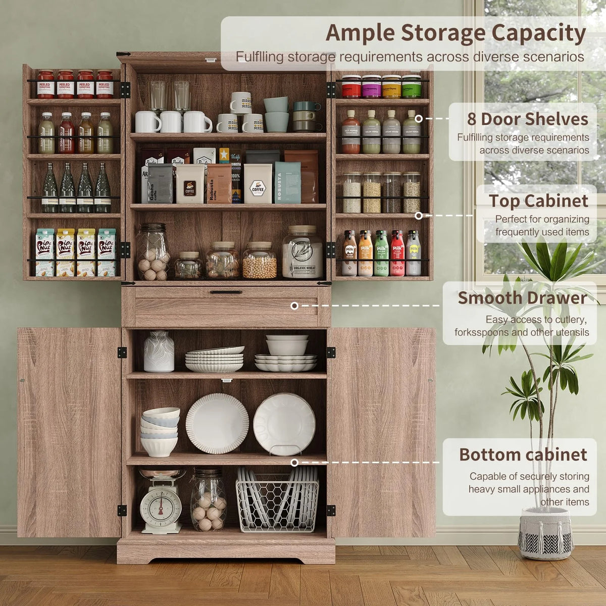 FUSOU Armoire de rangement de cuisine 72'', Armoire haute avec 8 étagères de porte, 2 placards et 1 tiroir, Meuble autoportant pour cuisine, salle à manger, salle de bain, buanderie
