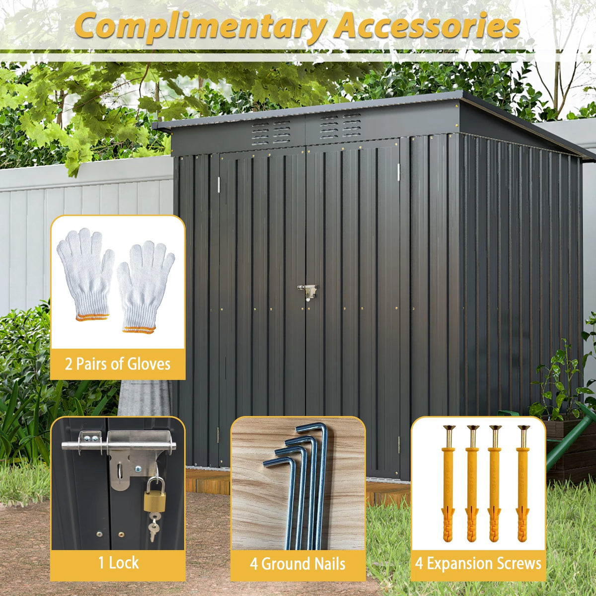 Abri de rangement extérieur de 6 x 4 pi avec cadre de plancher, abri de rangement extérieur avec porte verrouillable, abri pour outils de jardin toutes saisons avec grille d’aération pour maison, cour arrière, terrasse et pelouse, noir