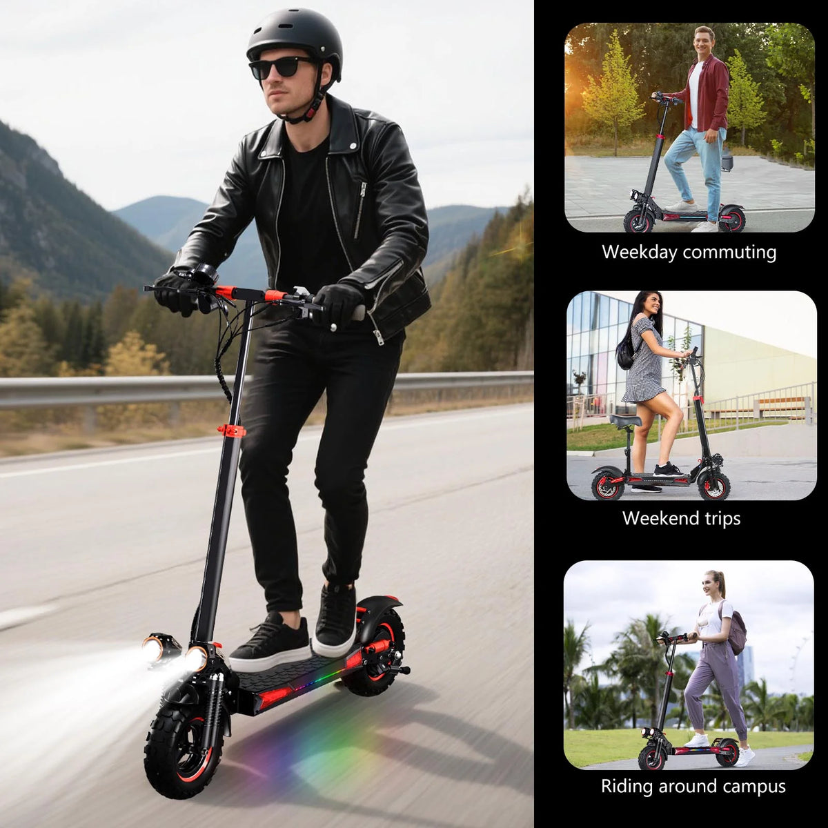MIWEN Trottinette électrique tout-terrain 11'' pour adulte avec siège, moteur 1200W, vitesse jusqu'à 34MPH, autonomie 30-34Miles, trottinette électrique rapide 48V 21Ah pliable
