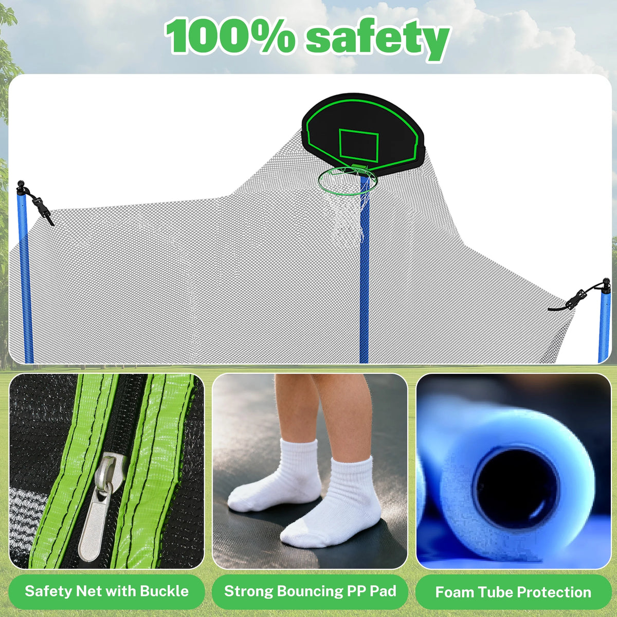 Trampoline de 12 pieds avec toboggan, balançoires, trampoline récréatif SEGMART avec panier de basket et échelle, trampoline d’extérieur robuste pour jardin avec filet pour enfants et adultes, vert