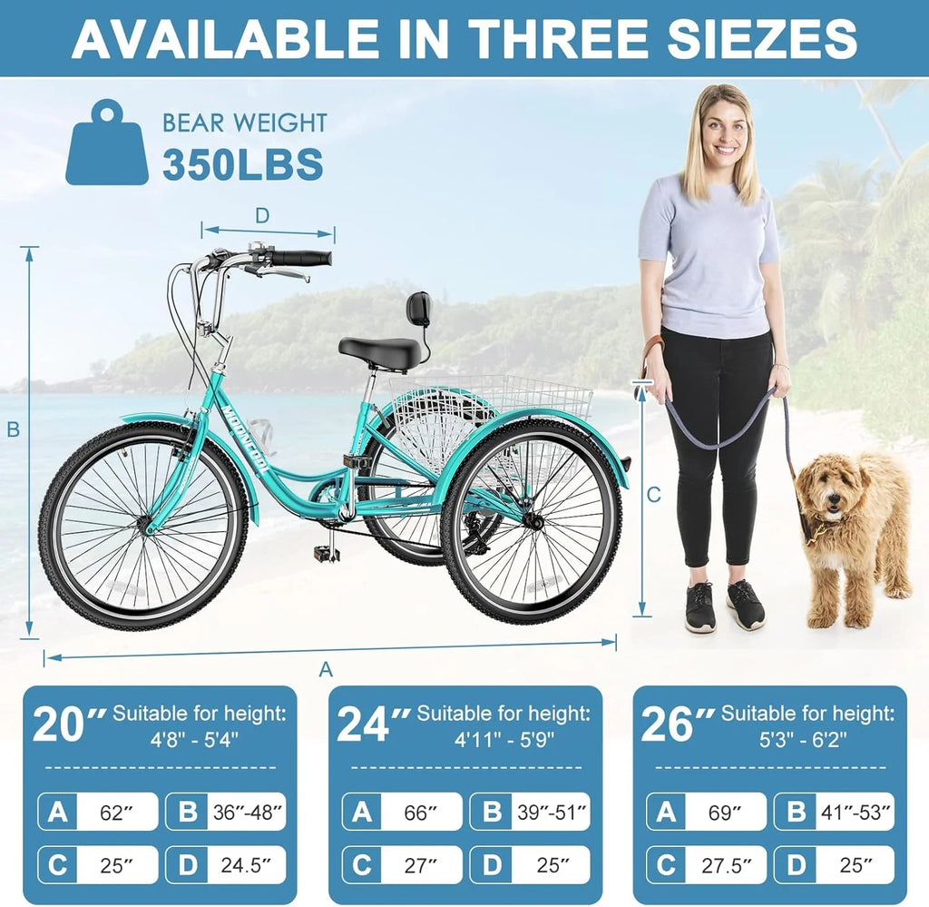 Tricycles pour adultes MOONCOOL avec panier arrière et pompe à pied, vélos à 3 roues 7 vitesses de 24 et 26 pouces, vélo à trois roues pour adultes avec dossier pour seniors, femmes et hommes