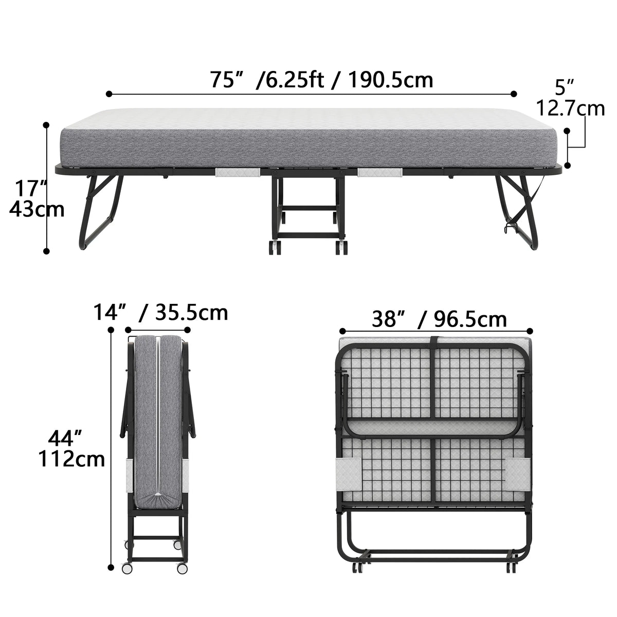 Lit pliant avec matelas 75 x 31 format lit de camp Lit plié, lit d'appoint sur roulettes portable et pliable lit supplémentaire pour adultes lit de repos avec matelas en mousse à mémoire de forme 5 cadre en grille métallique robuste peu encombrant