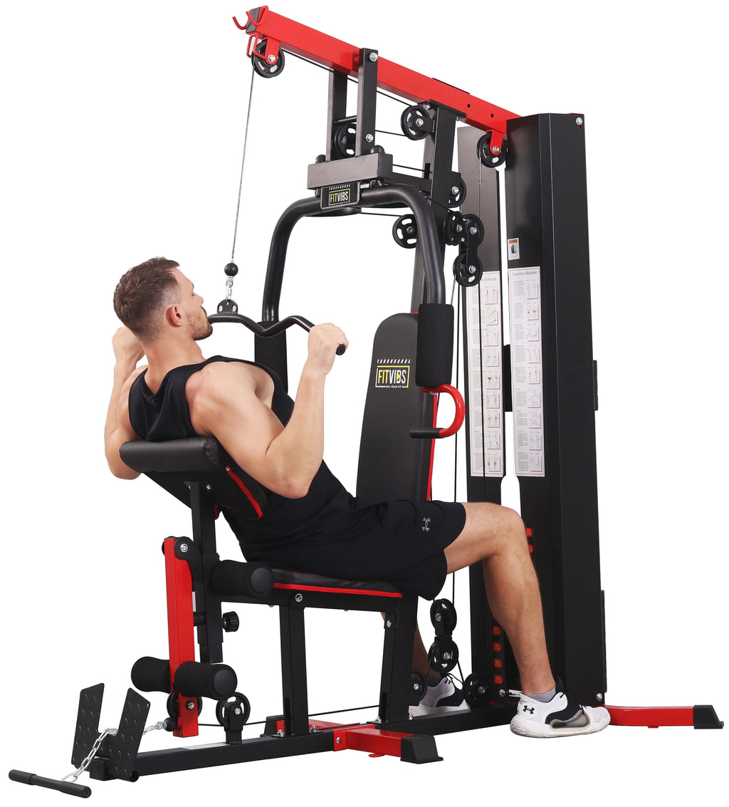 Système de musculation à domicile Fitvids LX750 avec 150 kg de résistance, colonne de poids de 55 kg, une station, livré avec une vidéo d’instructions d’installation, expédié en 5 colis