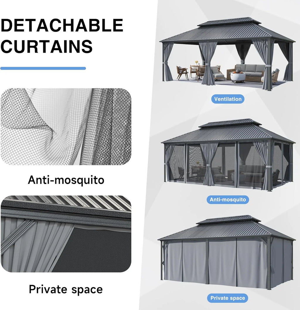MUCHANT 10'x12' Gazebo à toit rigide avec structure en aluminium, Pavillon d'extérieur permanent Gazebo en métal avec double toit en acier galvanisé, Moustiquaire et Rideaux pour terrasses, jardins, pelouses, Gris