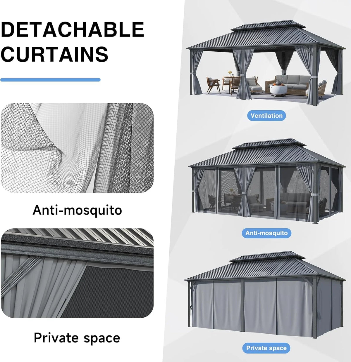 MUCHANT 10'x12' Gazebo à toit rigide avec structure en aluminium, Pavillon d'extérieur permanent Gazebo en métal avec double toit en acier galvanisé, Moustiquaire et Rideaux pour terrasses, jardins, pelouses, Gris