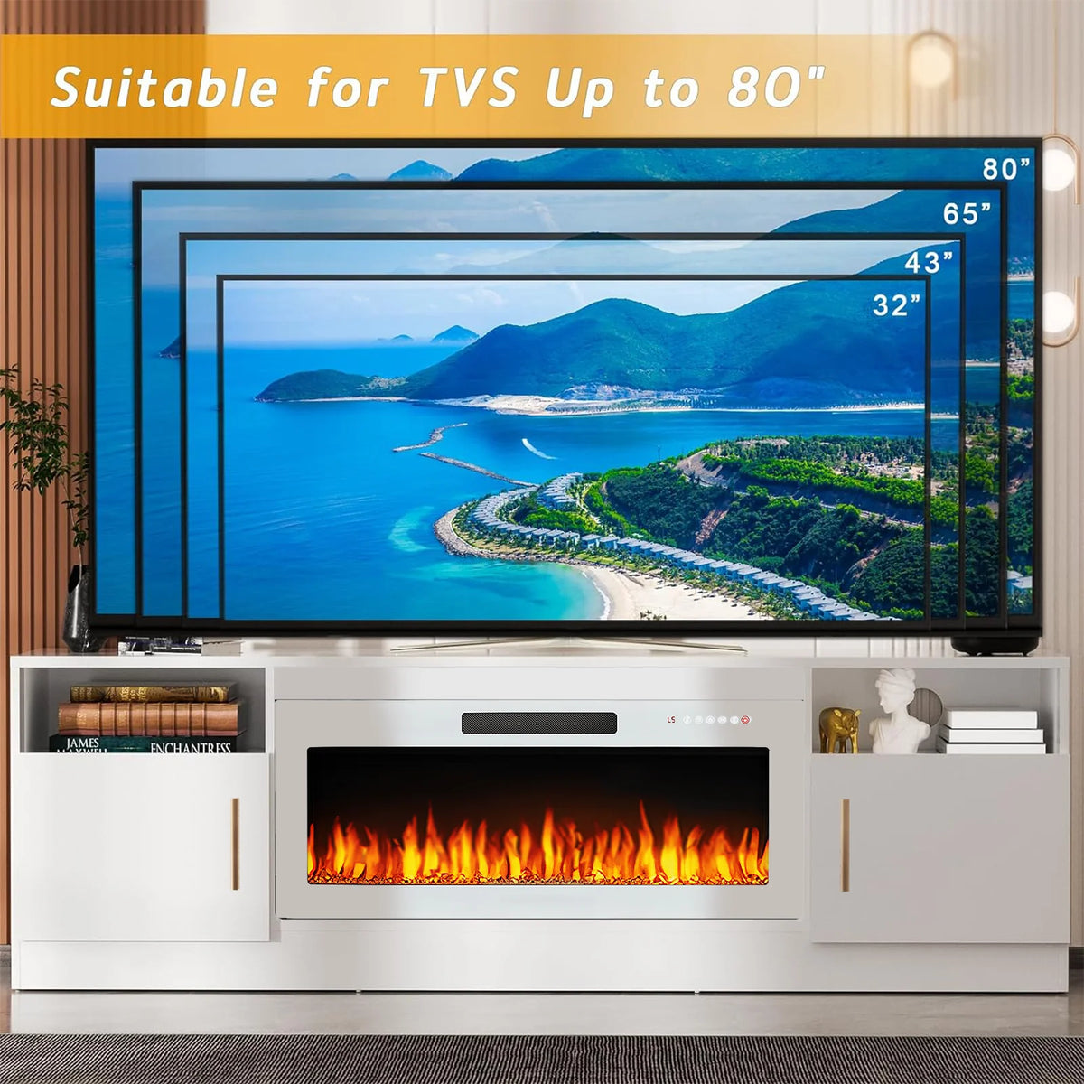 Meuble TV avec cheminée Waleaf avec cheminée électrique de 36 pouces pour téléviseurs jusqu’à 80 pouces, console multimédia moderne en bois avec meuble éclairé, blanc