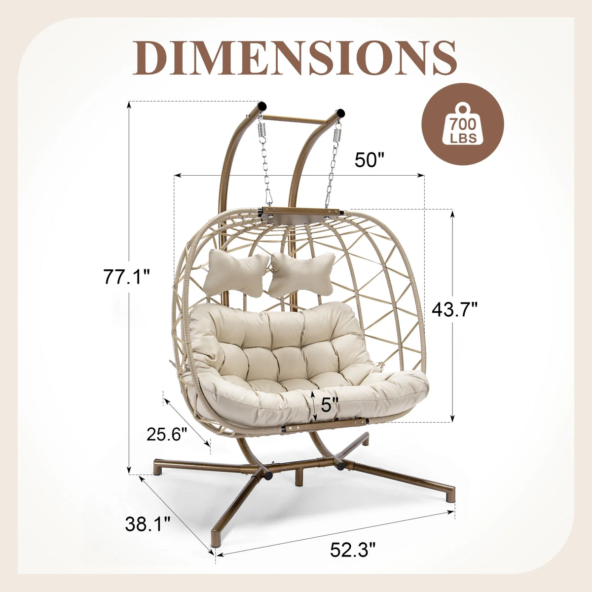 Fauteuil suspendu œuf double en osier RADIATA avec support, fauteuil œuf suspendu pour 2 personnes, intérieur/extérieur, capacité de 700 lb, coussins épais et appuie-tête, structure en métal robuste, gris foncé