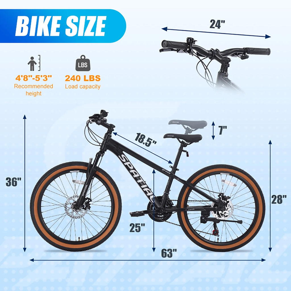 Vélo tout-terrain SPATIAL 24 pouces pour adolescents, VTT 21 vitesses, cadre en aluminium et doubles freins à disque