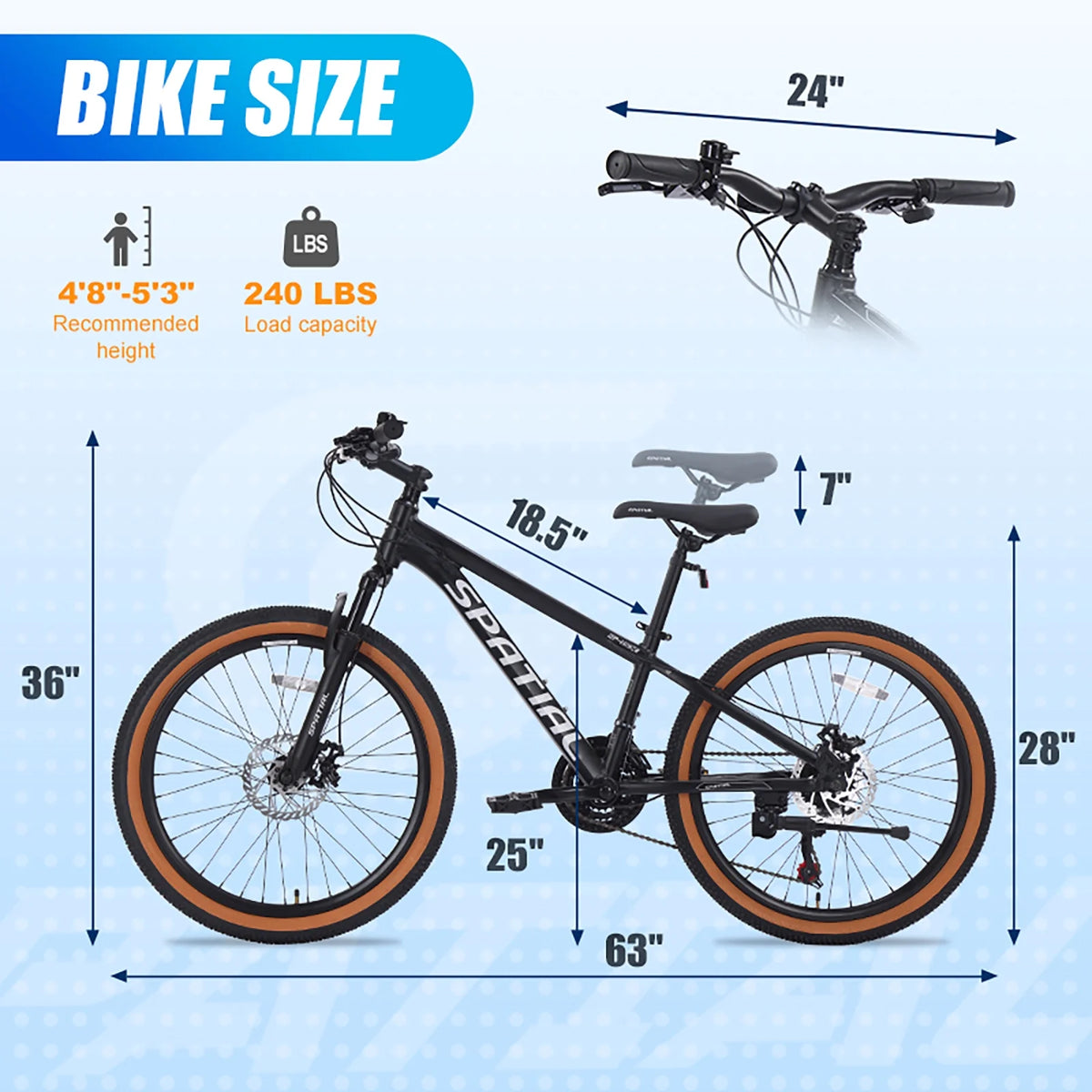 Vélo tout-terrain SPATIAL 24 pouces pour adolescents, VTT 21 vitesses, cadre en aluminium et doubles freins à disque