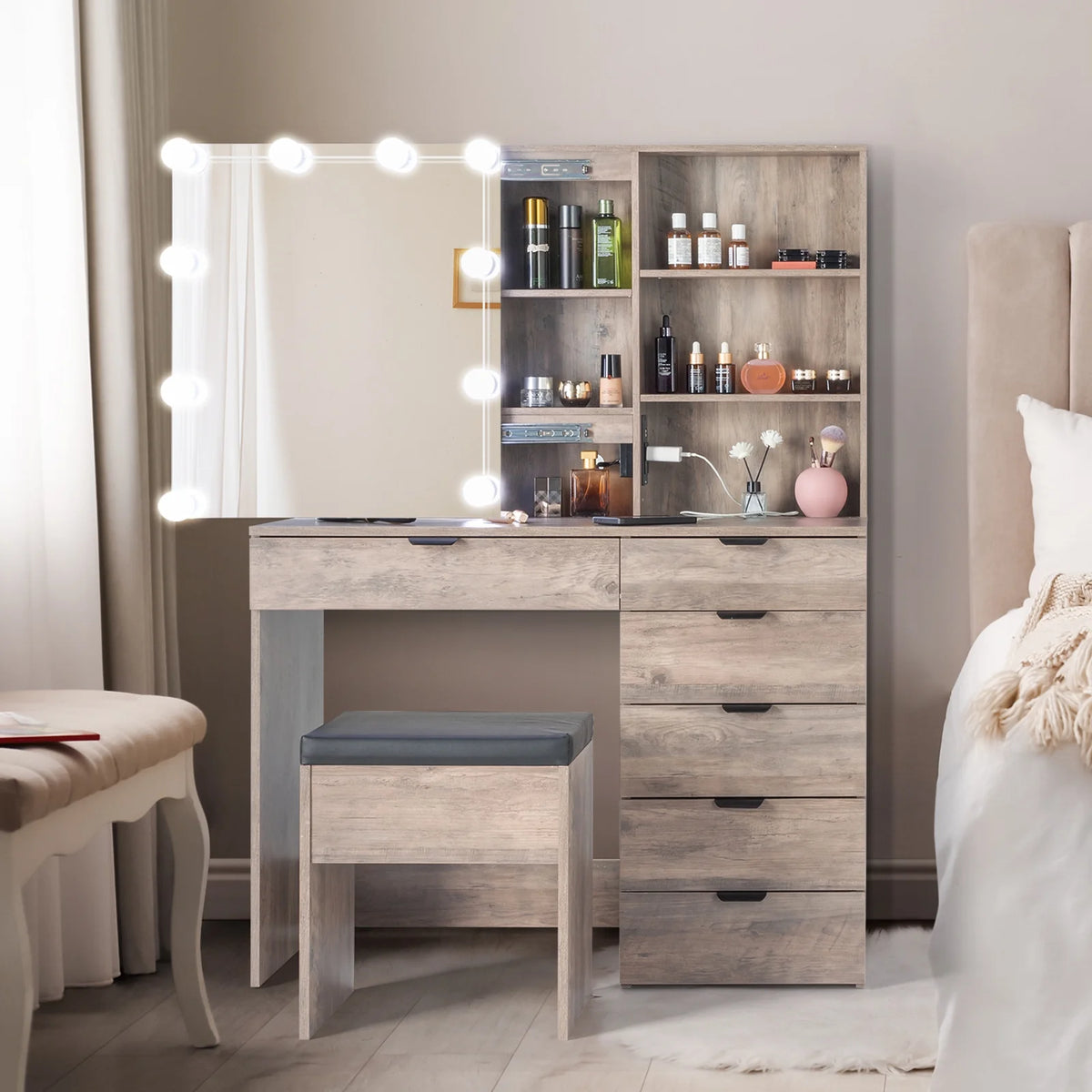 Coiffeuse Ktaxon avec miroir éclairé à 3 couleurs & station de charge, table de maquillage avec 3 étagères de rangement & tiroirs, bureau de toilette avec tabouret, gris rétro