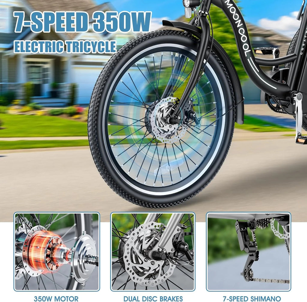 Tricycles électriques ABORON 24 26, batterie au lithium 36 V 10 Ah 350 W, triporteur électrique 7 vitesses pour adultes avec grand panier arrière et siège réglable