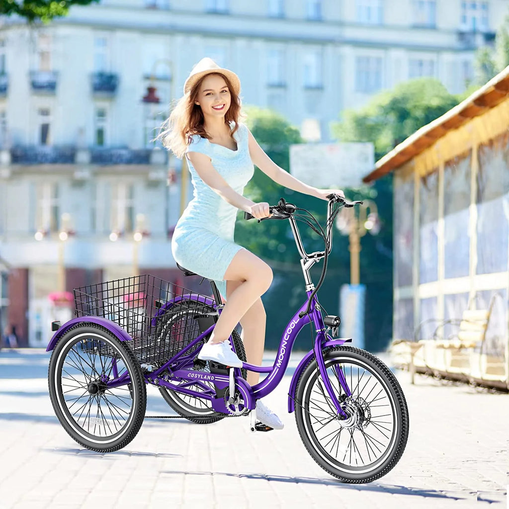 Tricycles électriques ABORON 24 26, batterie au lithium 36 V 10 Ah 350 W, triporteur électrique 7 vitesses pour adultes avec grand panier arrière et siège réglable