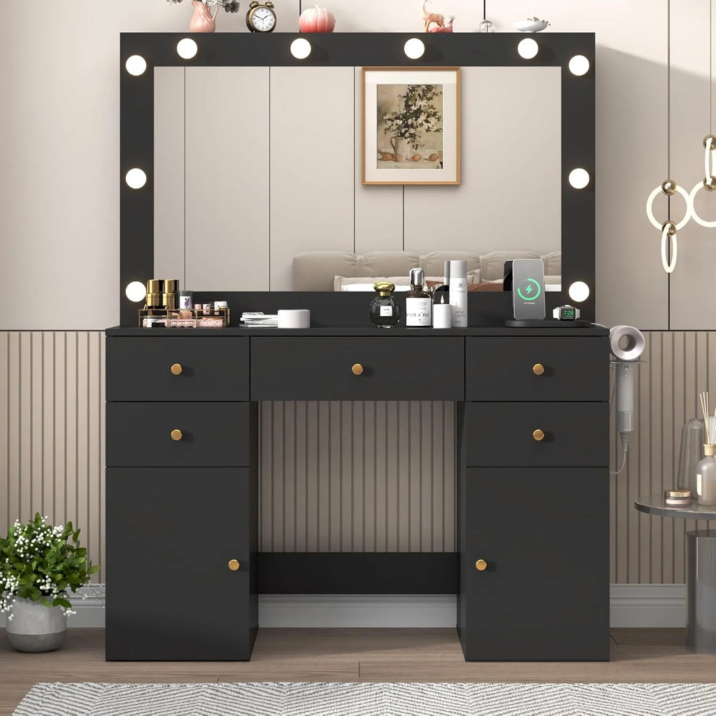 Coiffeuse blanche avec grand miroir lumineux et prise électrique, table de maquillage avec plateau en verre et tiroirs, rangement coulissant, grande coiffeuse de maquillage de 44,1 pour femmes et filles, blanche