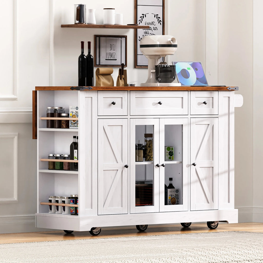 Euroco Îlot de cuisine style ferme de 53'' avec deux portes de placard en verre trempéDesserte de cuisine roulante sur roulettes