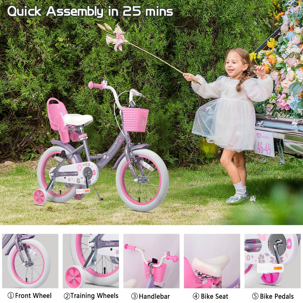 Vélo pour filles Glerc Maggie de 12 pouces pour enfants de 2 à 4 ans, Pêche