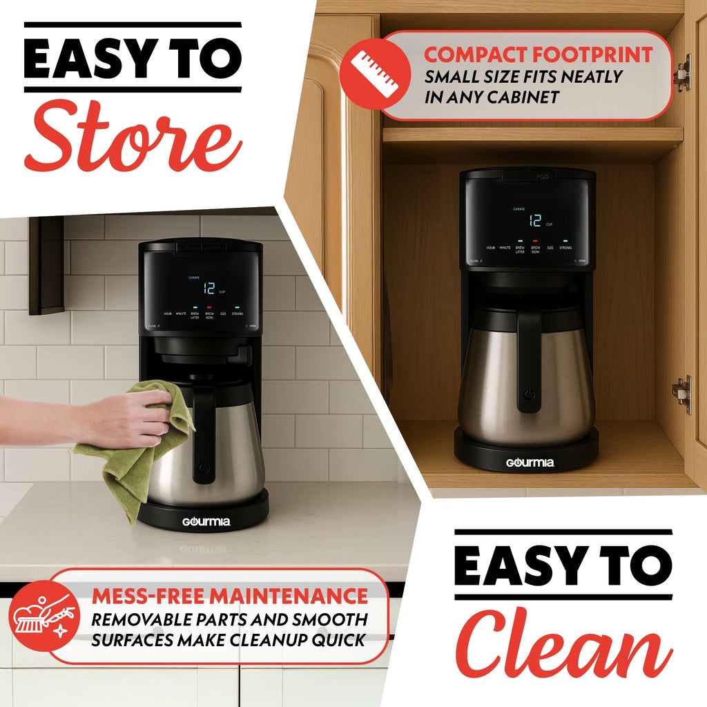 Machine à café 2-en-1 Gourmia, à dosettes individuelles + filtre 12 tasses, compatible K-Cup, noire