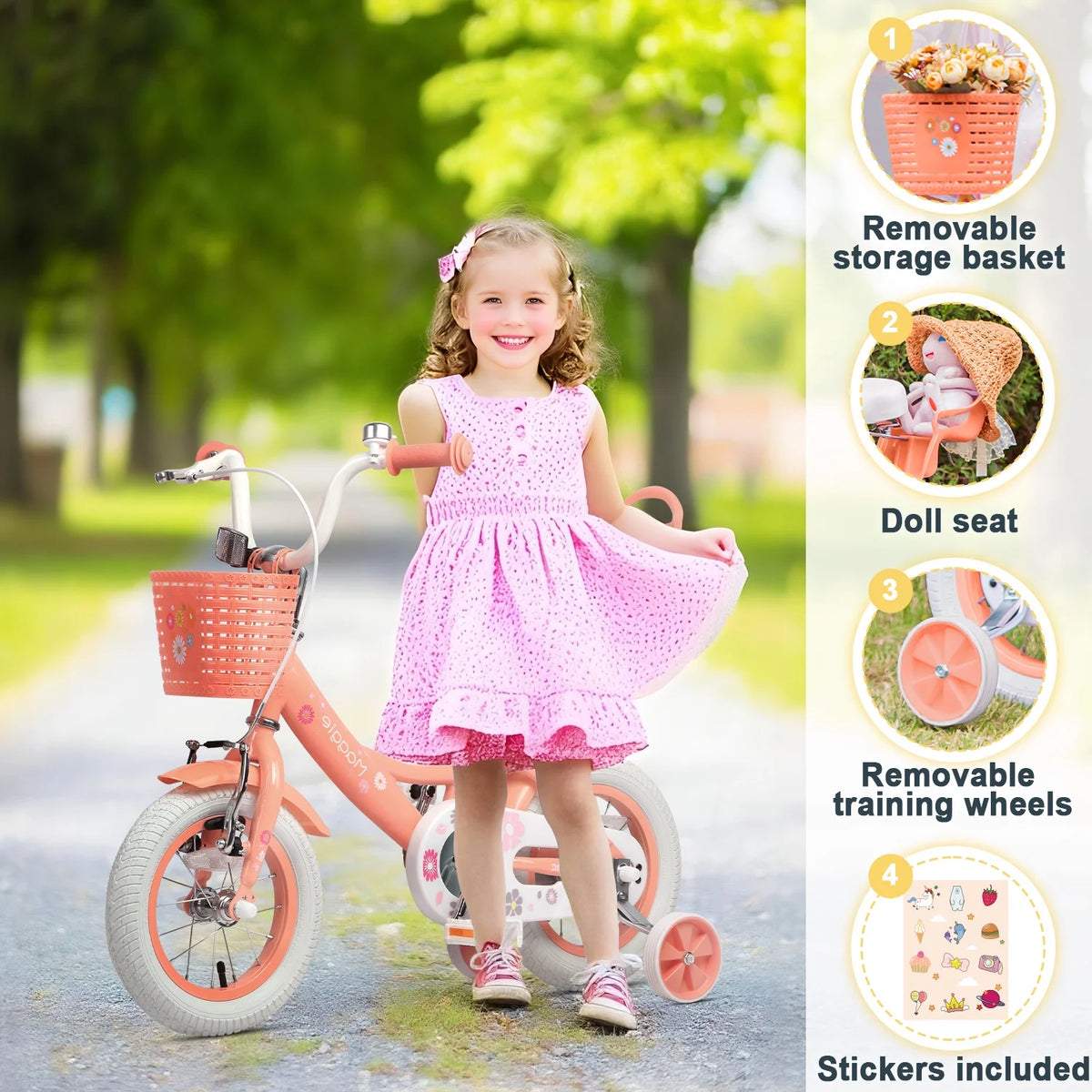 Vélo pour filles Glerc Maggie de 12 pouces pour enfants de 2 à 4 ans, Pêche
