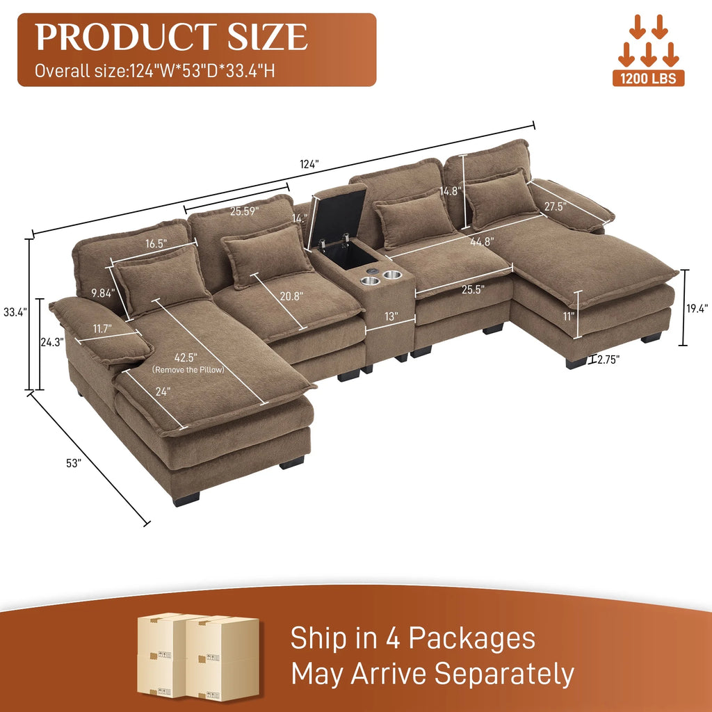 Canapé modulable en U Wiilayok Cloud Couch, méridienne double extra profonde de 124 cm en chenille duveteuse, console centrale avec ports USB-C et A doubles, gris tempête