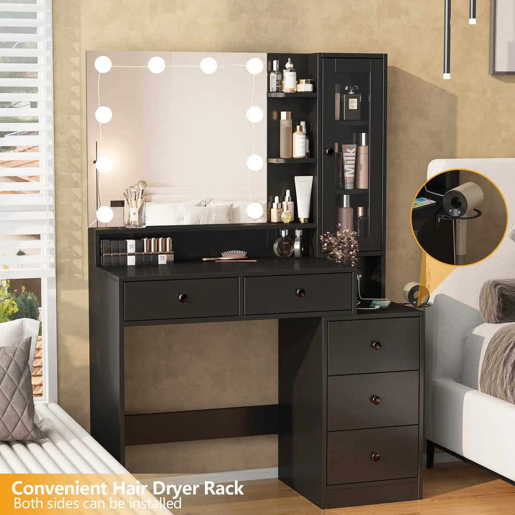 Coiffeuse VEANERWOOD avec miroir éclairé et bloc multiprise, table de maquillage moderne avec 5 tiroirs, blanc
