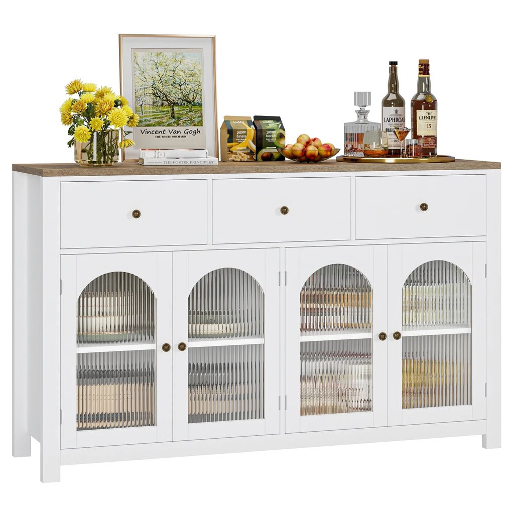 Homfa Grand buffet de 55'', meuble de rangement de cuisine avec 3 tiroirs et 4 portes vitrées, meuble bar en bois pour salon, blanc