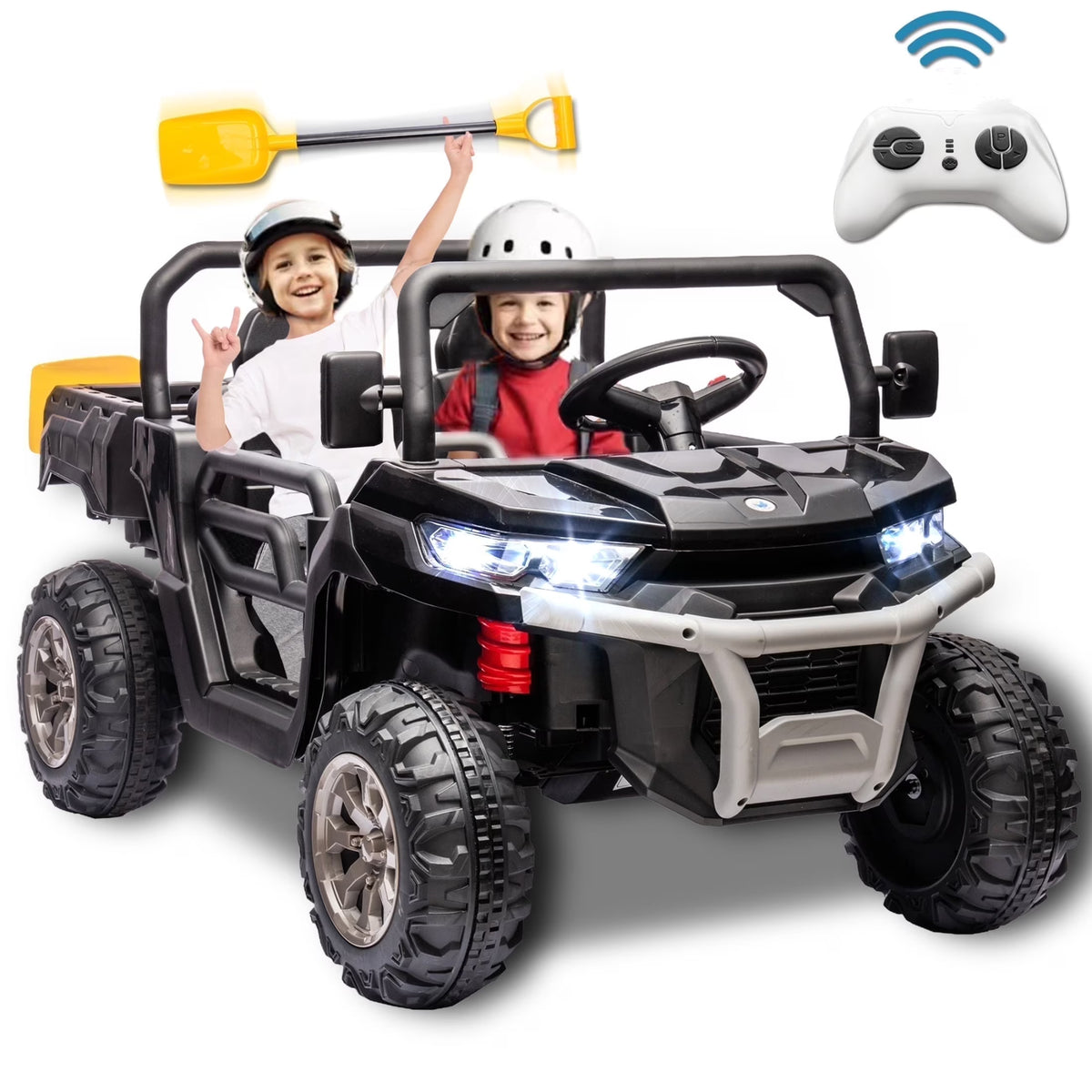 Xuanlur Voiture électrique pour enfants 24V 2 places, UTV avec moteur 2x200W, Jouet électrique 24 volts avec benne/pelle, Voiture électrique pour enfants avec pneus résistants, lumière LED, musique, télécommande, noire