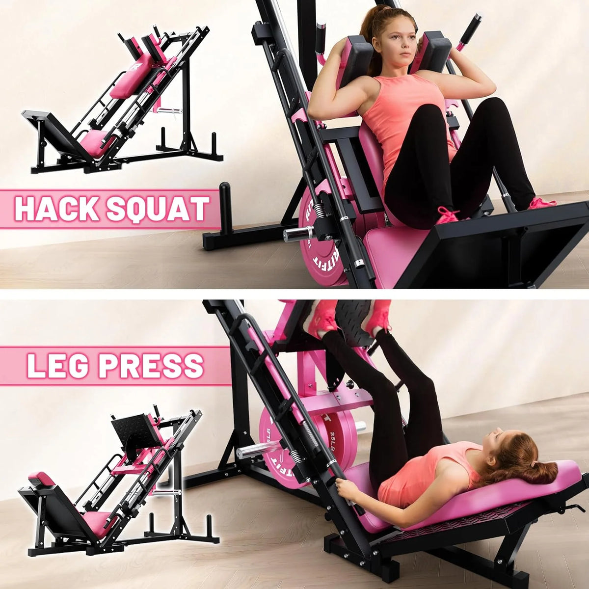 Machine à presse à jambes et hack squat RitFit, Presse à jambes professionnelle réglable pour salle de sport à domicile avec roulement linéaire, Machine hack squat spécialisée pour un entraînement complet du bas du corps avec rangement de poids, Rose