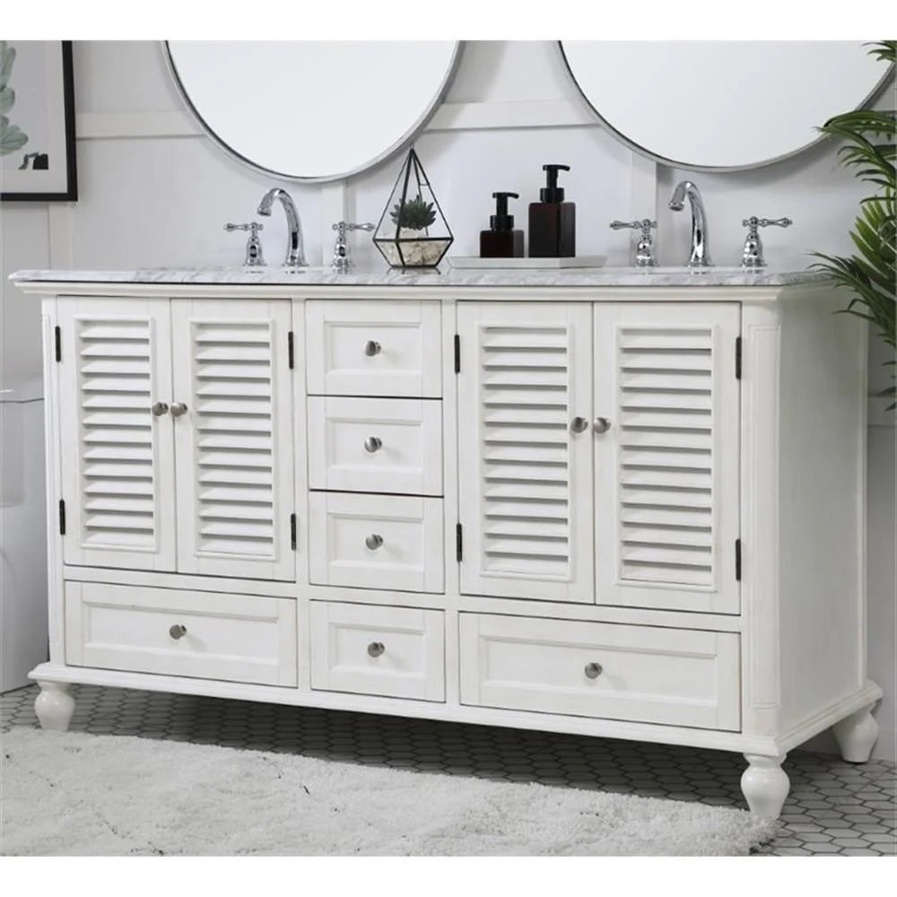 Meuble-lavabo double élégant de 60 pouces pour salle de bain, blanc antique
