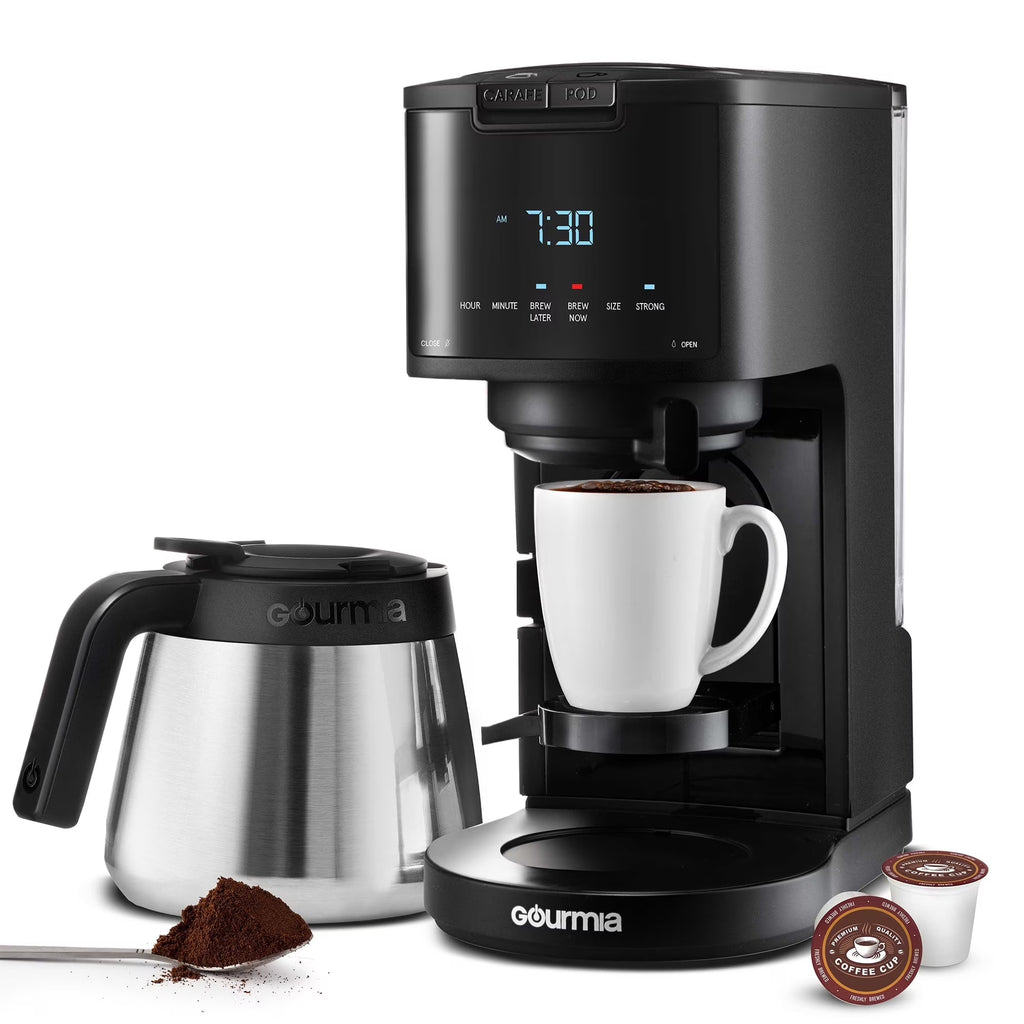 Machine à café 2-en-1 Gourmia, à dosettes individuelles + filtre 12 tasses, compatible K-Cup, noire