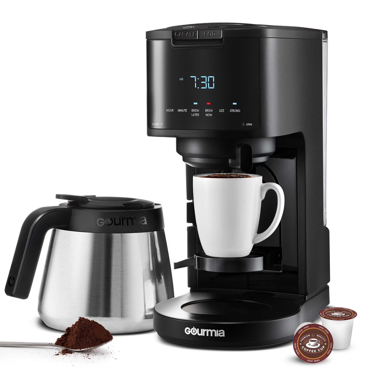 Machine à café 2-en-1 Gourmia, à dosettes individuelles + filtre 12 tasses, compatible K-Cup, noire