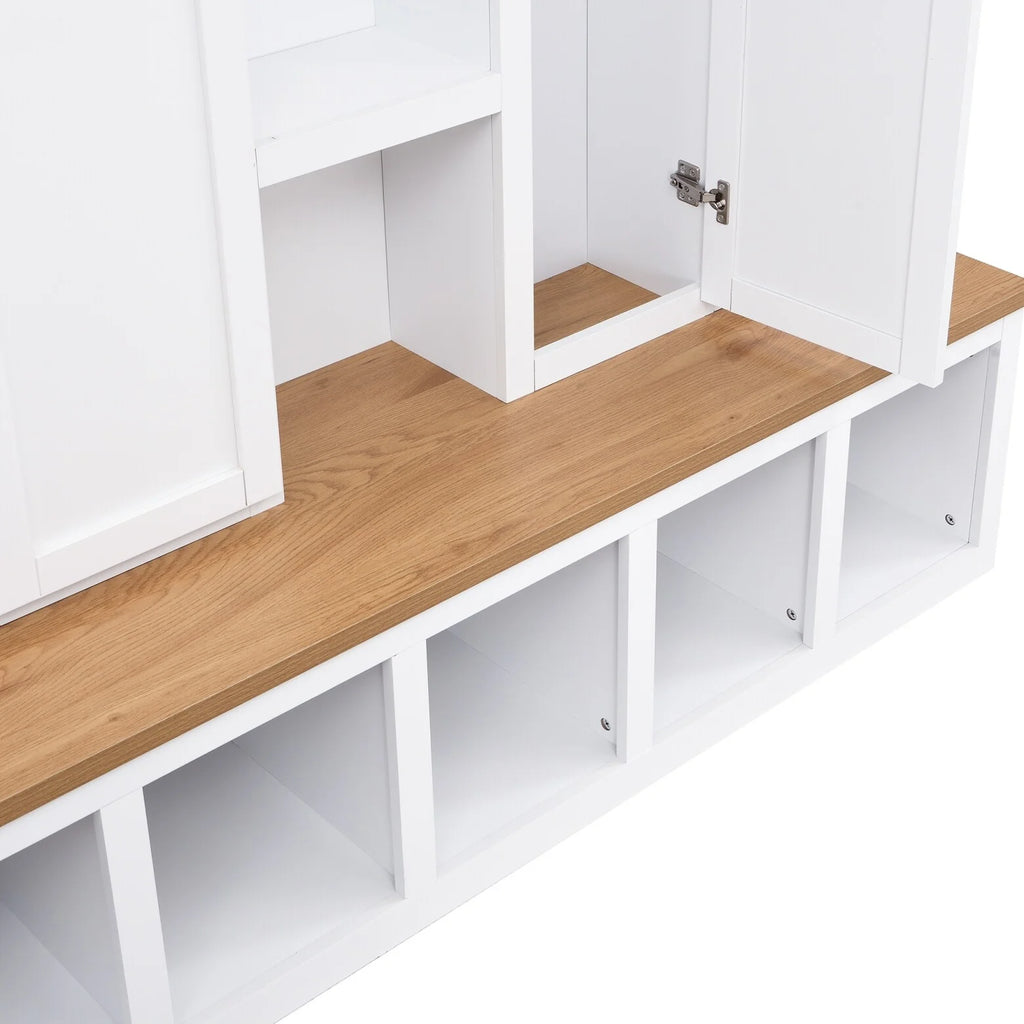 Vestiaire d’entrée style maison de campagne avec banc et rangement pour chaussures, 4-en-1, avec 4 placards, 5 casiers à chaussures et 6 crochets, noir